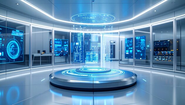 Futuristic laboratory with a glowing holographic display on a rotating pedestal, high-tech environment