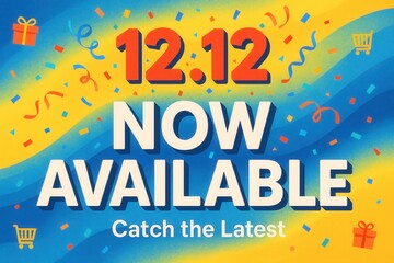 Promotional graphic featuring the date 12.12 with "Now Available" text, surrounded by colorful confetti, gift icons, and a shopping cart symbol, indicating a sale or event launch.