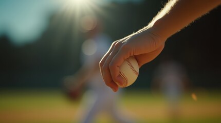 Detailed capture of pitcher releasing baseball with motion blur emphasizing speed and athletic precision

