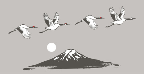 富士山と飛ぶ鶴の群れ