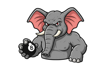 Cartoon Elephant Illustration Holding Black Eight Ball on Transparent Background
