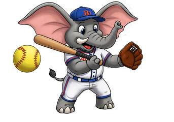 Cartoon Elephant Mascot Plays Baseball With Bat Ball And Glove Illustration