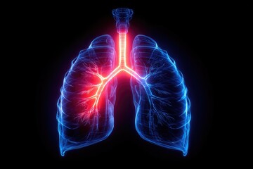 3D illustration of lungs and trachea, highlighted in glowing blue and red