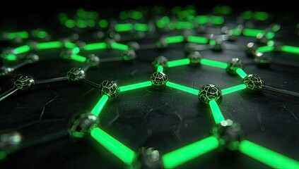 Complex network of interconnected metallic spheres, highlighted by glowing green lines