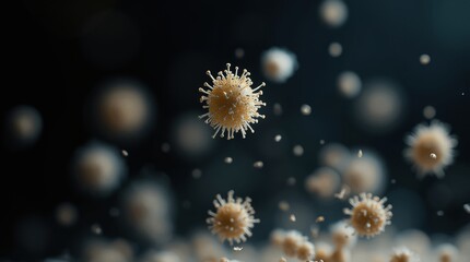 Microscopic view of airborne spores suspended in dark space with scientific lighting

