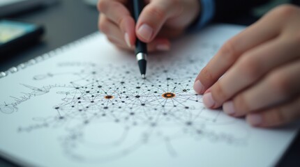 Professional creating detailed neural network architecture drawing in notebook with technical precision

