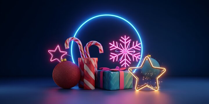 3D render, abstract neon glowing square frame with flying Christmas gifts and candies on a dark blue background - Powered by Adobe