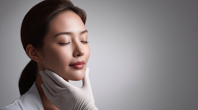 Elegant woman receiving rejuvenating skincare treatment with gloved professional for a radiant glow
