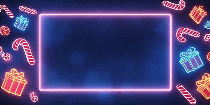 3D render, abstract neon glowing square frame with flying Christmas gifts and candies on a dark blue background - Powered by Adobe