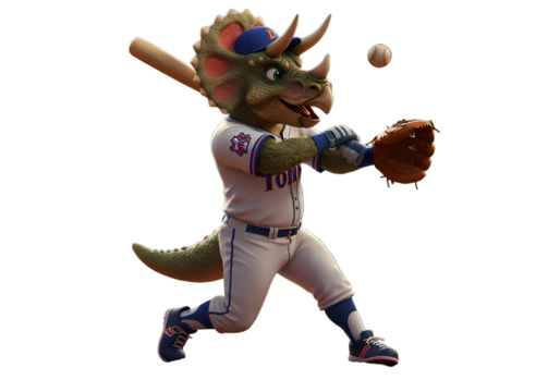 Cartoon Illustration Of A Dinosaur Mascot Hitting Baseball In Blue Uniform