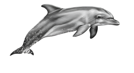 Black And White Realistic Illustration Of A Dolphin On Transparent Background