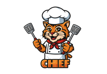 Cartoon Illustration Of A Happy Chef Cat With White Hat And Cooking Spades