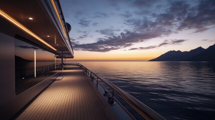 Fototapeta premium Luxury yacht deck at sunset over a lake