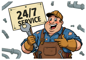 Cartoon Plumber Illustration With 24/7 Service Sign And Tools
