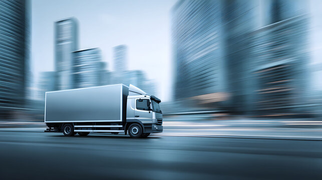 Silver Delivery Truck Driving Through a Modern City at Night