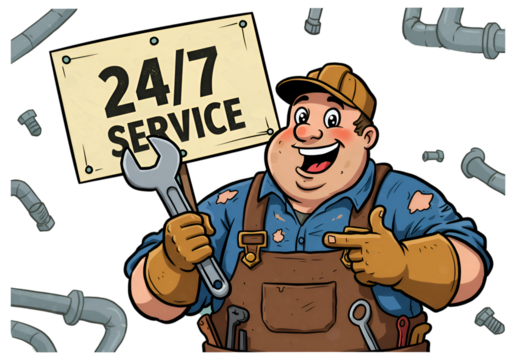 Cartoon Plumber Illustration With 24/7 Service Sign And Tools