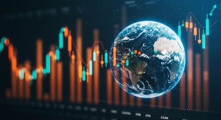 Global Stock Market Fluctuation: Earth Globe with Candlestick Charts and Financial Data Visualization