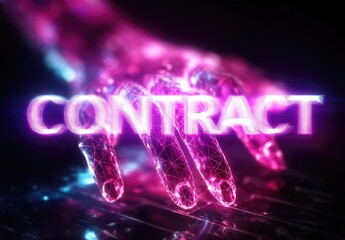 Futuristic, glowing hand-like robot arm types the word "CONTRACT" on a digital keyboard