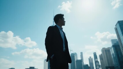 Successful businessman looking out over the city skyline with skyscrapers