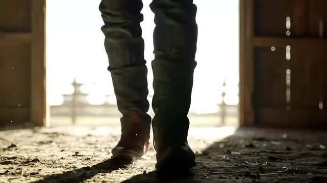 Cowboy boots walking barn; sunlit exit