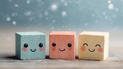 Three adorable marshmallows with cute faces and blush cheeks on a snowy background