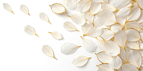 White and gold autumnal leaves are arranged on a pristine white background, creating a serene and minimalist atmosphere perfect for evoking the tranquility of the fall season