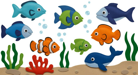 Naklejka premium Cartoon Illustration Of Colorful Fish With Underwater Elements In Sea View