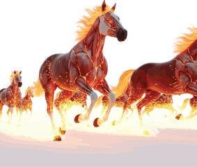 A herd of powerful, fiery horses with glowing manes gallop across a bright, white landscape.