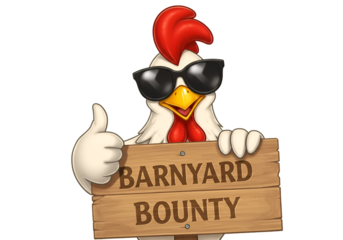 Cartoon Illustration Of A Happy Rooster In Sunglasses Holding A Barnyard Sign