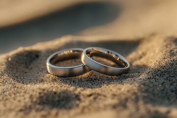 Two Silver Metal Rings Lying on Sandy Surface in Soft, Warm Natural Light Macro Shot
