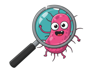 Cartoon Illustration of Bacteria Inside Magnifying Glass on Transparent Background