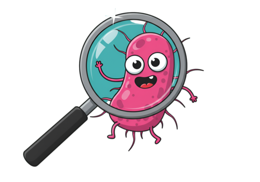 Cartoon Illustration of Bacteria Inside Magnifying Glass on Transparent Background