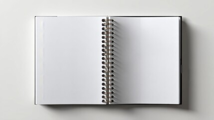 Blank spiral bound notebook open pages white paper black cover stationery