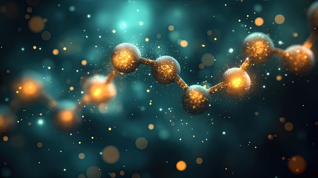 Abstract glowing gold molecular chain on dark teal background.