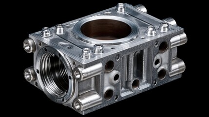 Shiny Metal Engine Block With Silver Chrome Details In Industrial Machine Component