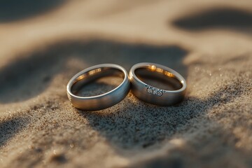Two Silver Wedding Rings with Diamonds Resting on Fine Sand at Sunset Hour