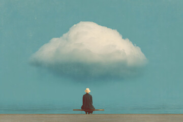 Fototapeta premium Woman Contemplating a Large White Cloud Over a Tranquil Sea at Night