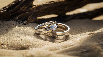 Two Wedding Rings on Sand with Wooden Piece, Close Up Fine Jewelry, Warm Sunlight