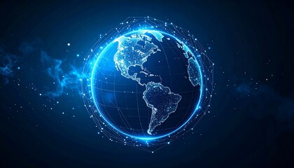 Glowing Digital Earth with Connected Network Lines and Abstract Blue Background