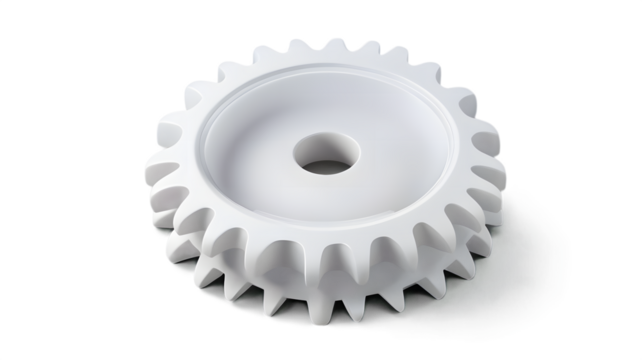 A pristine white industrial gear isolated on a seamless background, symbolizing engineering, innovation, and interconnected systems.