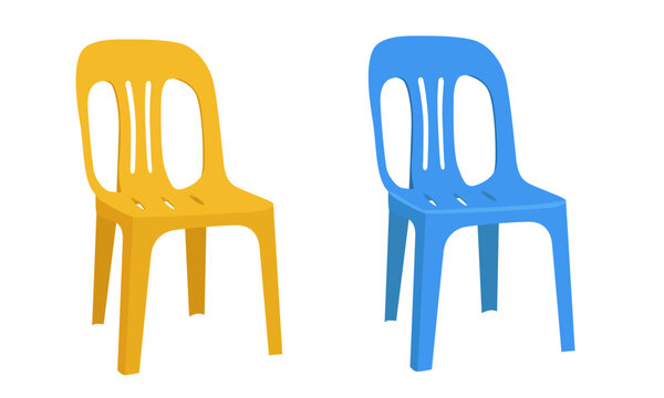 Plastic chair vector set. Chair clipart in different colors. Flat vector in cartoon style isolated on white background. Home furniture, household item.