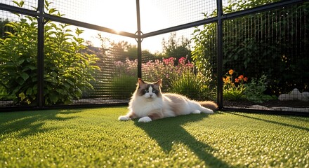 Charming Ragdoll Cat Relaxing in a Sunlit Outdoor Catio Surrounded by Lush Greenery and Colorful Flowers, Embracing a Serene and Peaceful Atmosphere in a Private Garden Setting