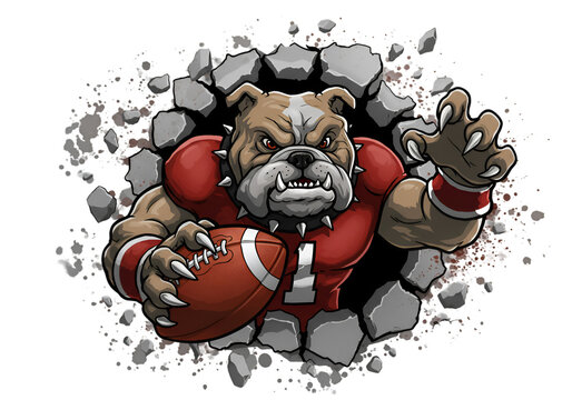 Aggressive Bulldog Athlete Breaking Through Illustration with Football