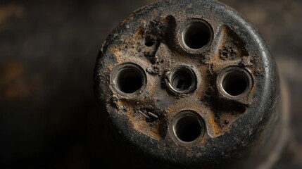 Close-up of a dark, rusty, circular object with holes