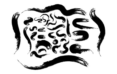 Collection of abstract black brush strokes in various curved, swirled, and freeform shapes. These hand drawn elements feature expressive ink textures, grungy edges, and organic movement.