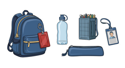 School supplies: Backpack, water bottle, pencil case, and identification card.