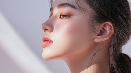 Elegant portrait of a woman with flawless skin and delicate makeup in soft sunlight for skincare ads