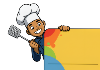 Cheerful Chef Holding Spatula and Sign Illustration on Transparent Background