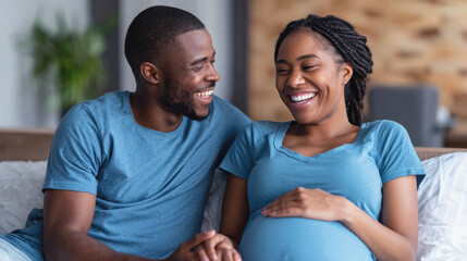 Happy expecting couple sitting on couch, smiling and enjoying bonding moment together during pregnancy at home.