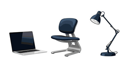 Illustration of modern workspace elements: laptop, ergonomic chair, and task lamp
